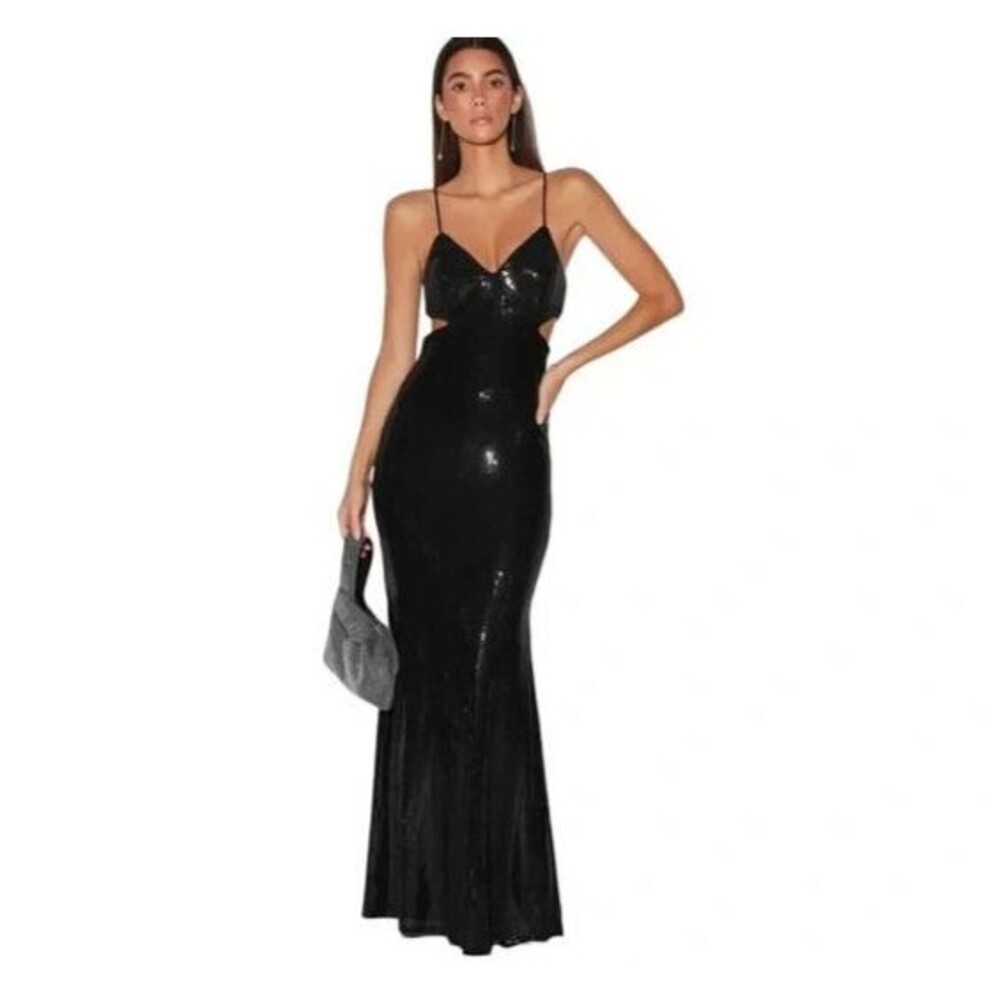 Lulus Women's Glamorous Affair Black Sequin Cutout Maxi Dress Size Small
